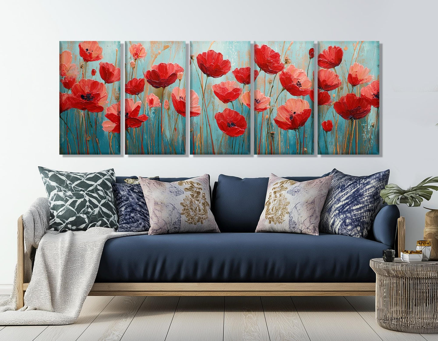 Field of Poppies Swaying in a Summer Breeze Canvas Print, Floral Wall Decor, Framed and Ready to Hang