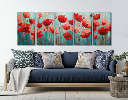 Field of Poppies Swaying in a Summer Breeze Canvas Print, Floral Wall Decor, Framed and Ready to Hang