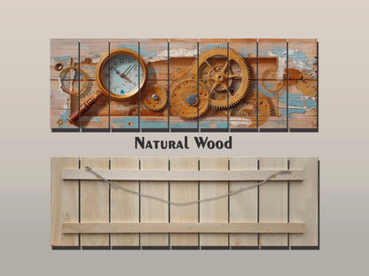 Rustic Steampunk Wall Art – Clockmaker Wood Print With Gears & Magnifier on Wood