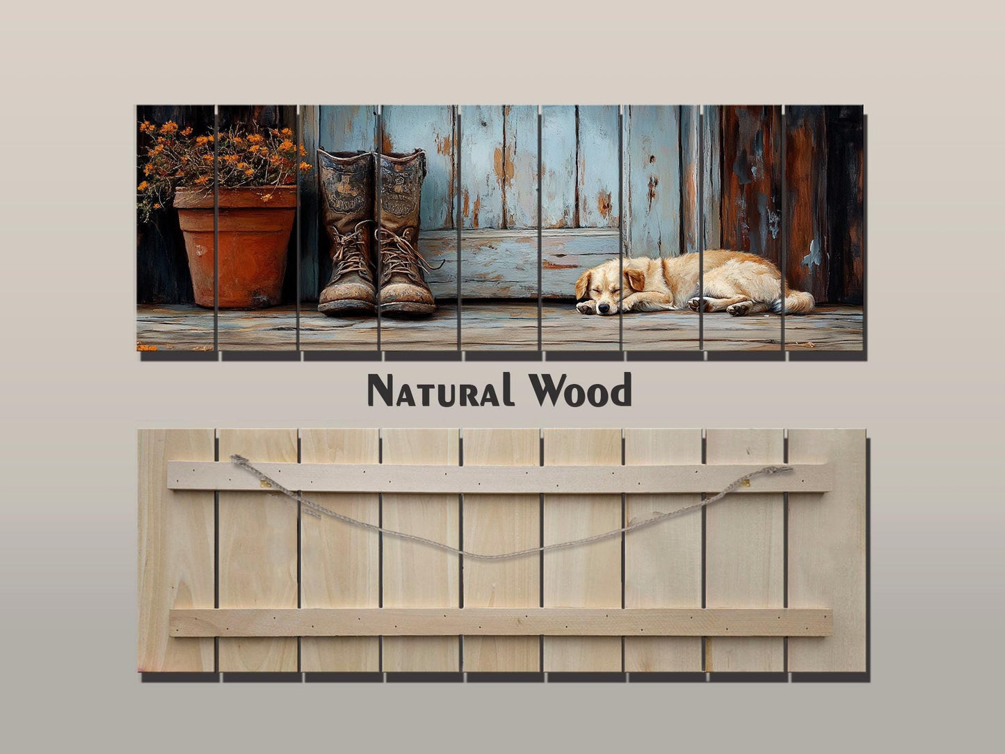 Wood Wall Art – Sleeping Dog Print on Natural Wood Plank | Rustic Farmhouse Decor
