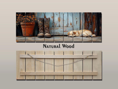 Wood Wall Art – Sleeping Dog Print on Natural Wood Plank | Rustic Farmhouse Decor