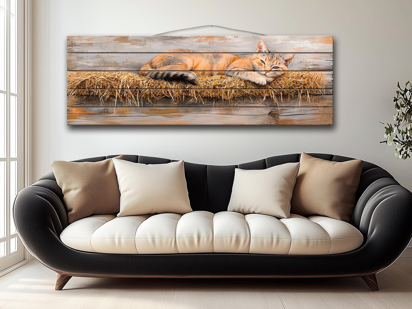 Farm Cat Lounging on a Hay Bale Painting Printed on Natural Wood, Cats Wall Art, Red Cat Print, Rustic Cabin Wall Decor, Wood Wall Art