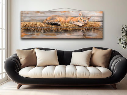 Farm Cat Lounging on a Hay Bale Painting Printed on Natural Wood, Cats Wall Art, Red Cat Print, Rustic Cabin Wall Decor, Wood Wall Art