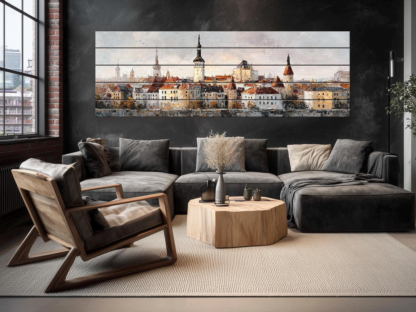 Tallinn Wood Print – Rustic Wall Art With Beige Morning Skyline on Distressed Wood