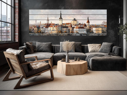 Tallinn Wood Print – Rustic Wall Art With Beige Morning Skyline on Distressed Wood