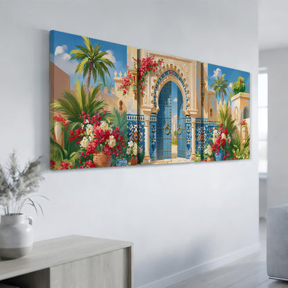 a large, colorful painting of an ornate, blue-trimmed gate with a yellow archway, surrounded by a lush garden with palm trees and flowers.