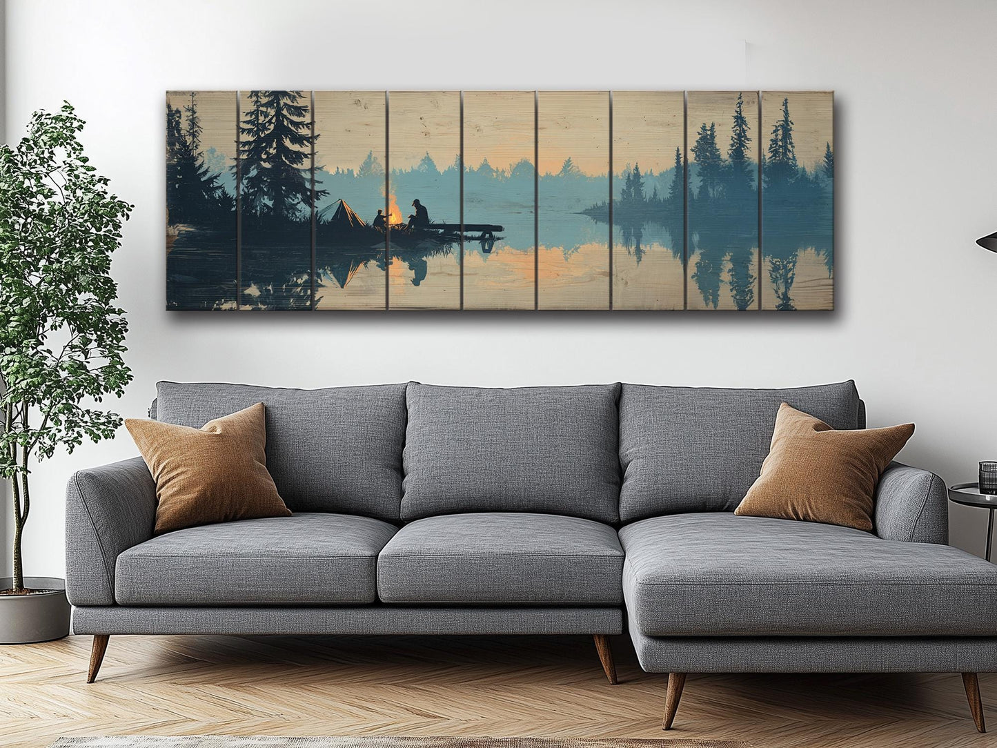 Campfire Print on Wood – Rustic Wood Decor with Mountain Lake and Warm Firelight