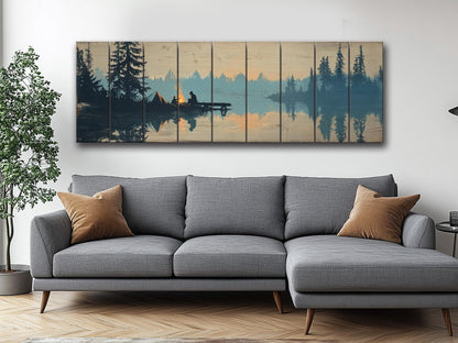 Campfire Print on Wood – Rustic Wood Decor with Mountain Lake and Warm Firelight
