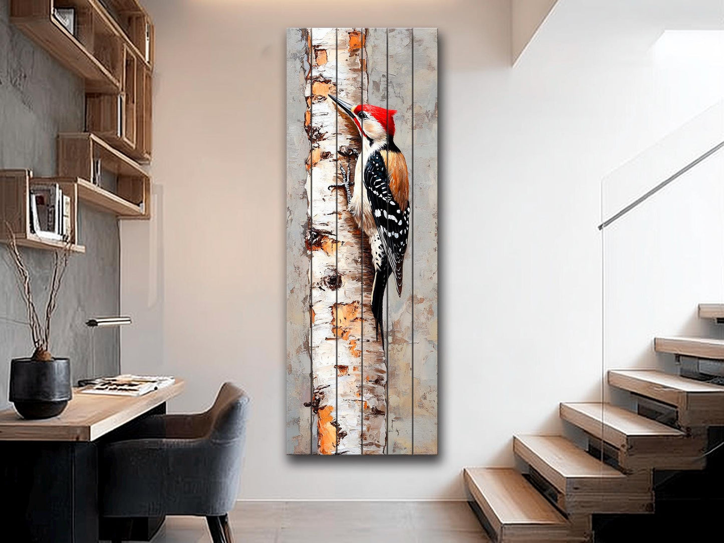 Wood Wall Art – Rustic Woodpecker Wall Hanging on Birch – Cozy Cabin Decor