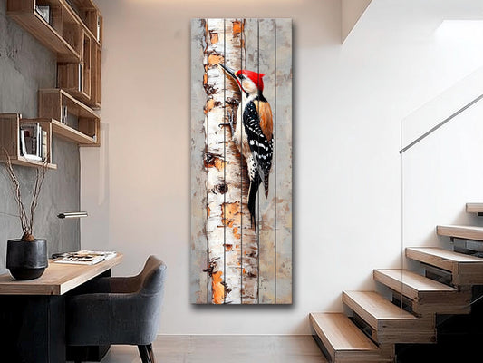 Wood Wall Art – Rustic Woodpecker Wall Hanging on Birch – Cozy Cabin Decor