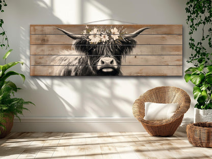 Highland Cow Wall Art – Rustic Wood Art Print | Farmhouse Wall Decor Floral Cow Print