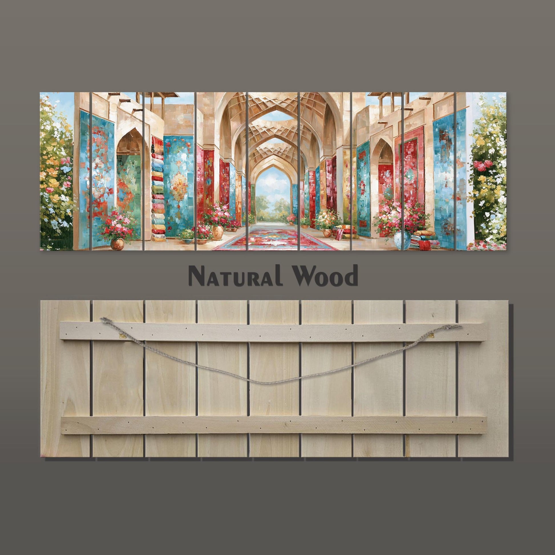 The image is a collage of multiple images depicting a colorful and ornate interior space, possibly a cathedral or palace. The text "NATURAL WOOD" is visible, suggesting that the image is a painting or artwork.