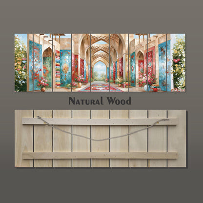 The image is a collage of multiple images depicting a colorful and ornate interior space, possibly a cathedral or palace. The text "NATURAL WOOD" is visible, suggesting that the image is a painting or artwork.
