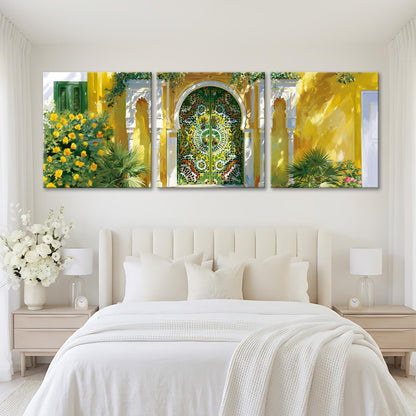 A large, three-panel artwork depicting a vibrant, colorful scene with a yellow archway, green and gold accents, and lush greenery.