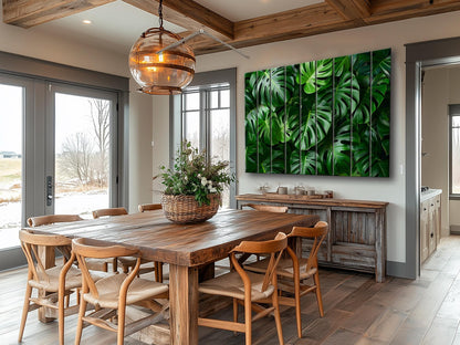 Wood Wall Art - Tropical Green Leaves Print on Natural Wood, Abstract Deep Green Wall Art, Tropical Wall Art, Modern Palm Leaf Print