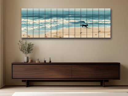 Coastal Wall Art – Dog Running on Beach Wood Print | Rustic Natural Decor