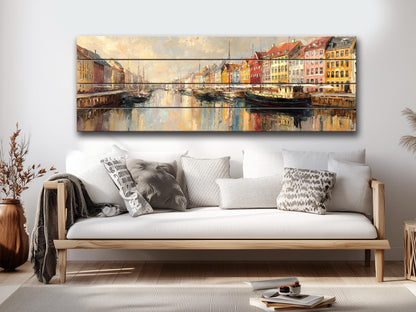Copenhagen Harbor Wood Print – Rustic Wall Art with Colorful Building Art on Distressed Wood