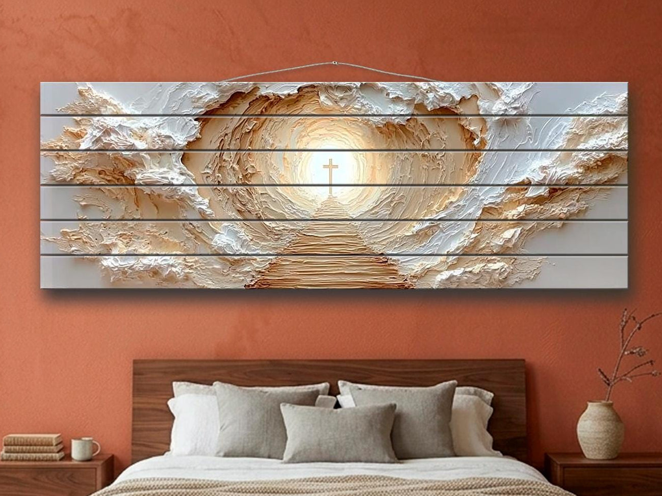Path to Glowing Cross Print on Natural Wood, Christian Wall Art