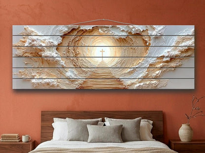 Path to Glowing Cross Print on Natural Wood, Christian Wall Art