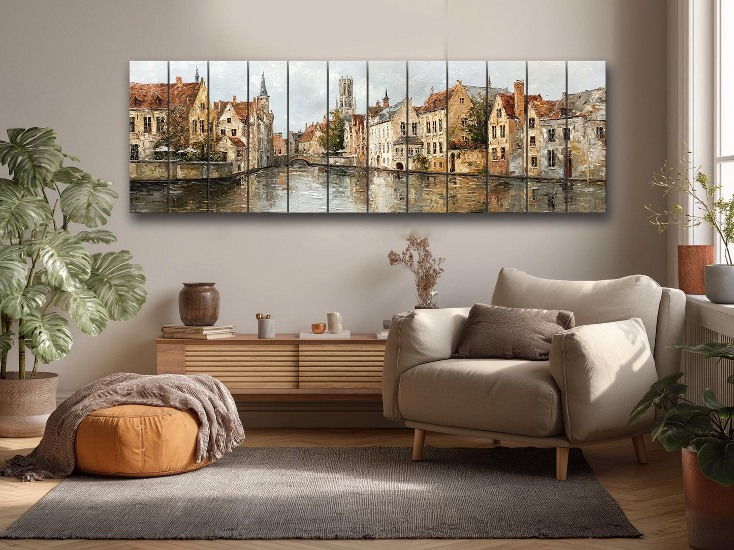 Bruges Canal Wood Print – Rustic Wall Art With Medieval Houses Painting & Beige Light