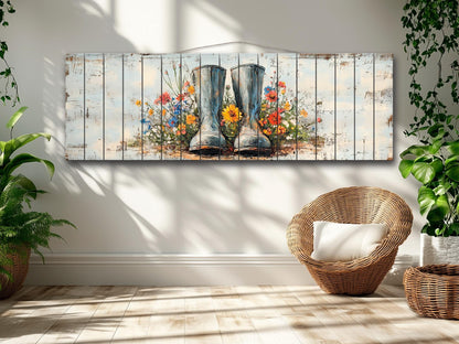 Rustic Wood Wall Art – Rain Boots Wall Art With Wildflowers Wood Print | Cozy Cabin Decoration
