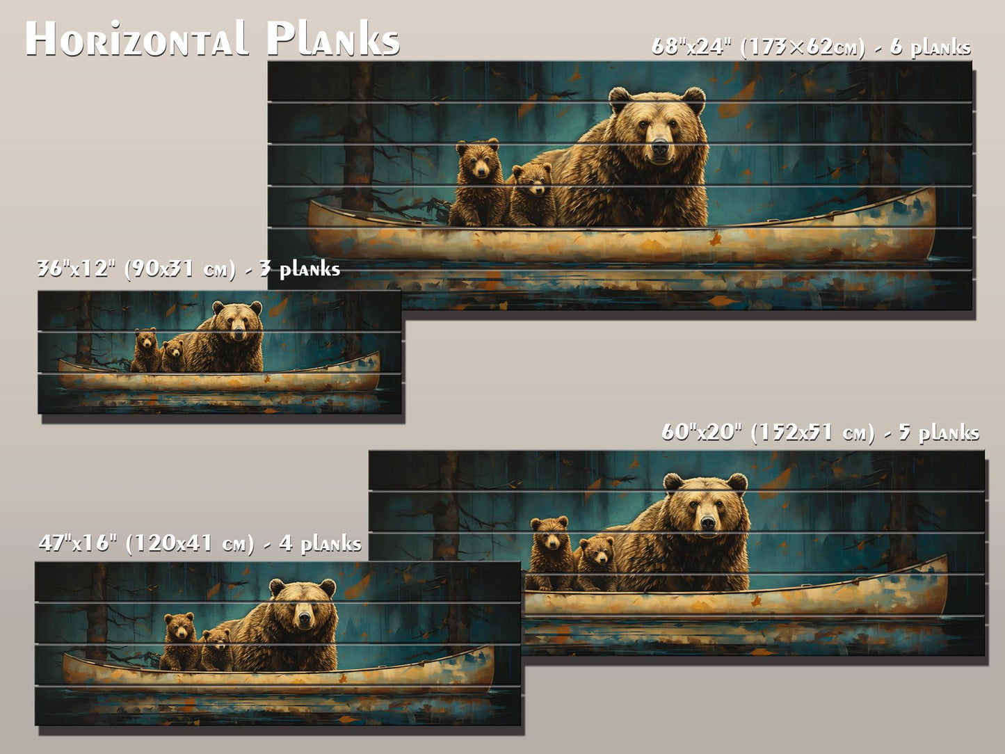 Grizzly Bear Wall Art – Rustic Wood Plank Print with Bear Family Nature Decor