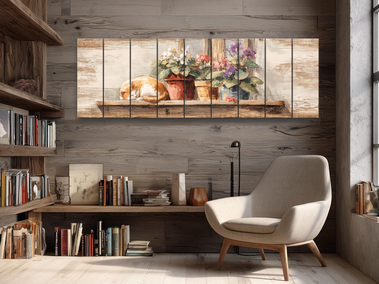 Farmhouse Wall Art - Cozy Sleeping Cat Print on Natural Wood Plank Artwork