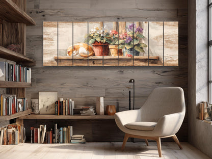 Farmhouse Wall Art - Cozy Sleeping Cat Print on Natural Wood Plank Artwork