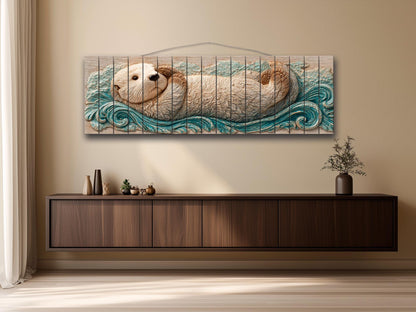 Sea Otter Print on Wood – Coastal Rustic Decor | Beige Blue Wall Art