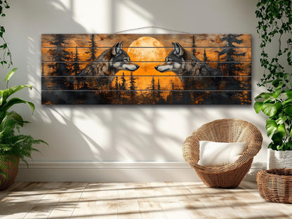 Wolf Wall Art - Sunset Forest Wolf Print on Natural Wood | Native American Art Decor