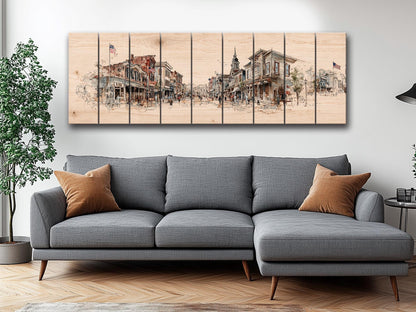 Vintage Americana Wall Art – Main Street Print on Wood with Rustic Farmhouse Charm