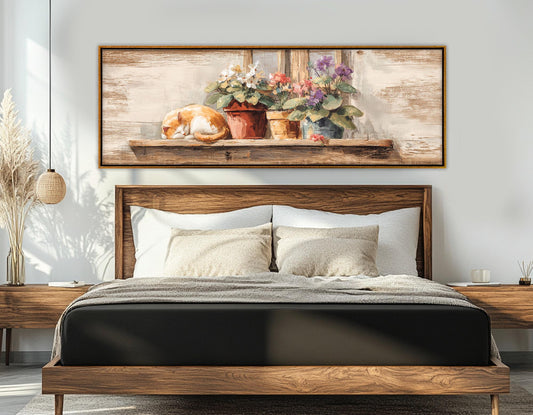 Sleeping Cat Canvas Print – Rustic Farmhouse Decor | Framed Canvas Wall Art