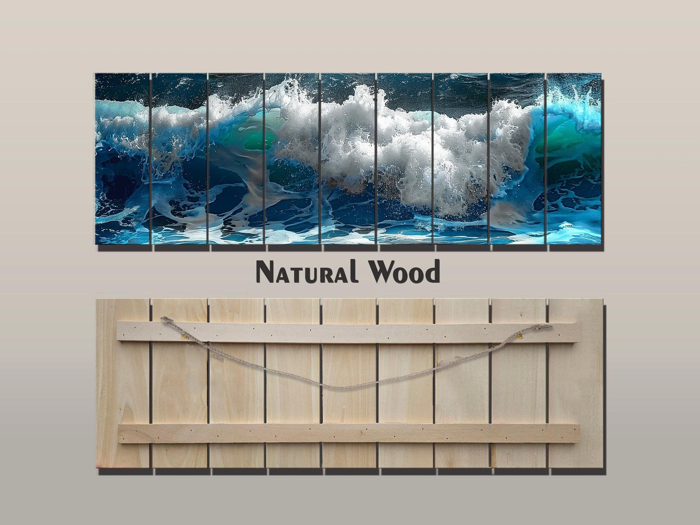 Ocean Wall Decor - Natural Wood Art with Deep Blue Ocean Waves Print, Ready to Hang