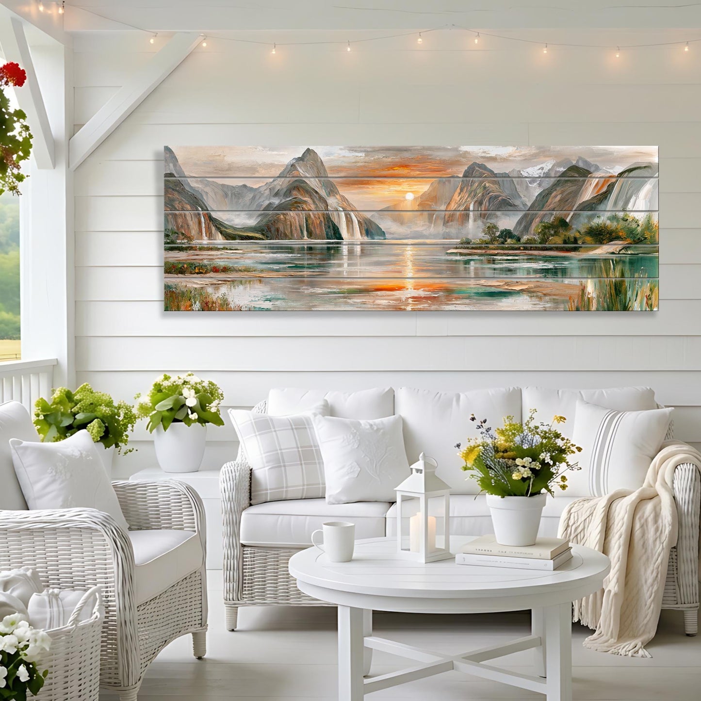 a serene and inviting living room with a large, colorful landscape painting hanging on the wall. The painting features a picturesque scene of mountains, a lake, and a sunset, creating a tranquil atmosphere. The room is furnished with a white sofa, wicker chairs, and a coffee table, all arranged around a white table. The room is decorated with potted plants and other natural elements, adding to the overall sense of calm and relaxation.