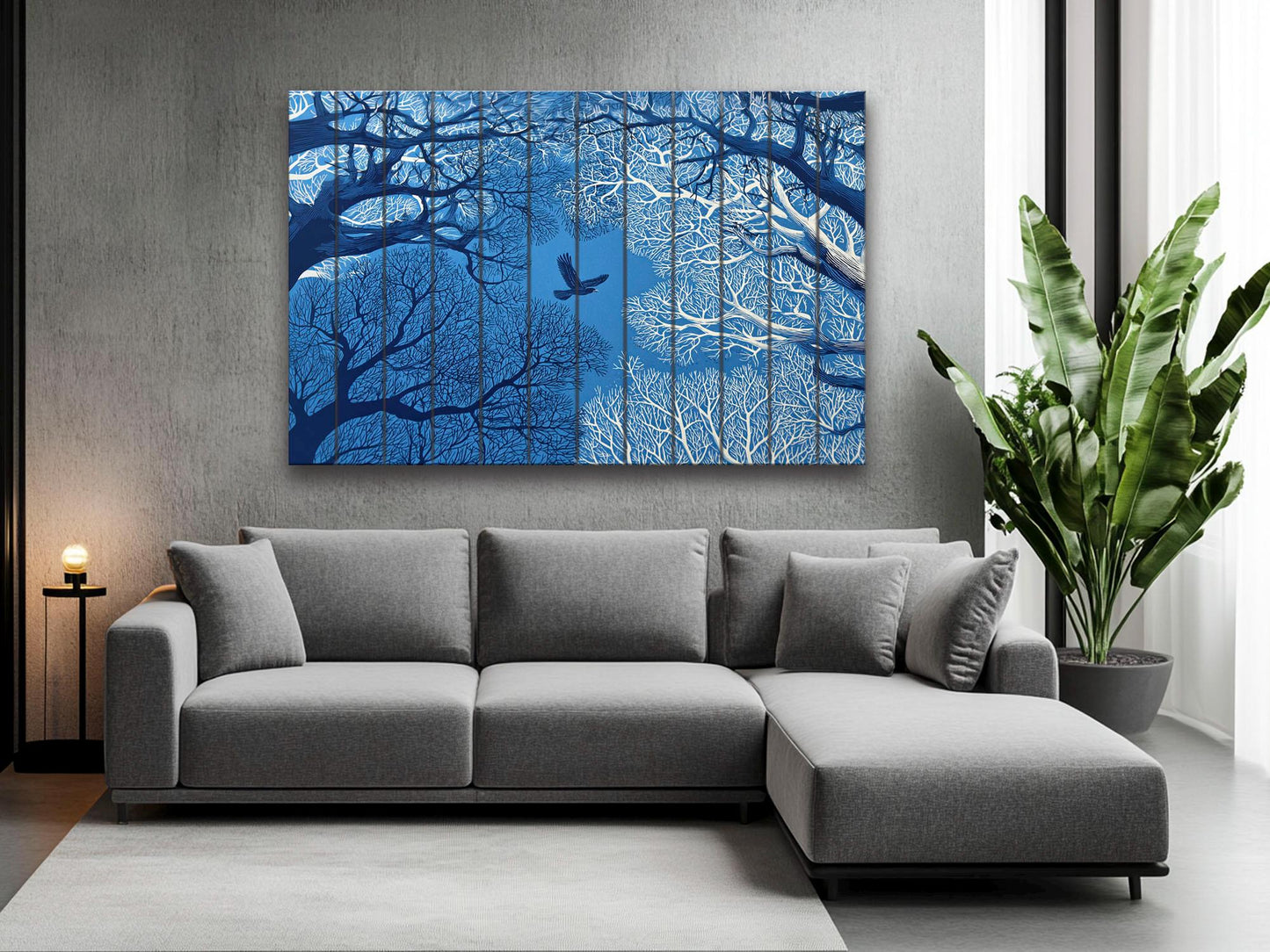Linocut Wood Art – Enchanted Forest Sky Print | Vibrant UV Wood Decor