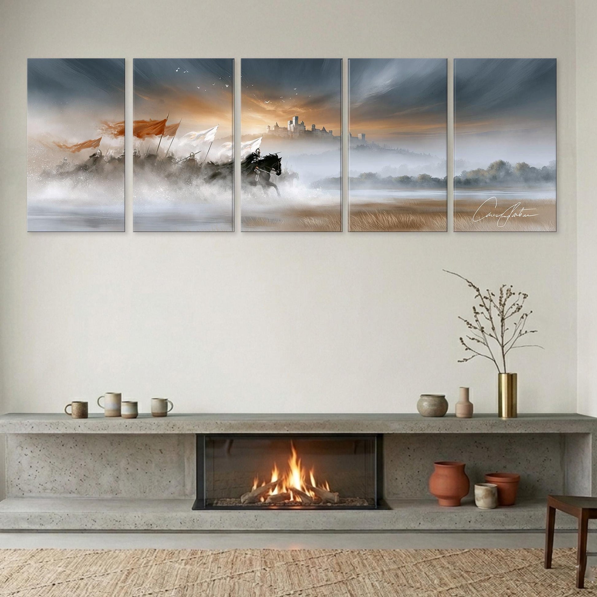 a cozy living room with a fireplace, a shelf with decorative items, and a large wall art display depicting a serene landscape with a castle in the distance.