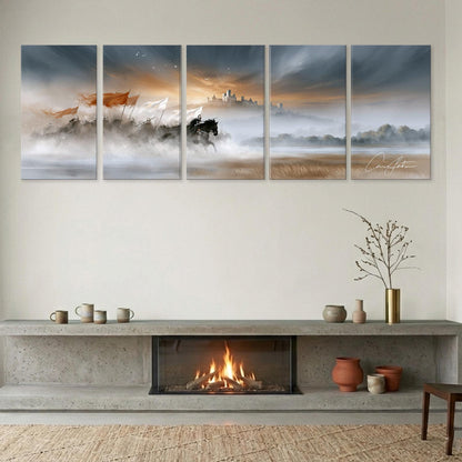 a cozy living room with a fireplace, a shelf with decorative items, and a large wall art display depicting a serene landscape with a castle in the distance.
