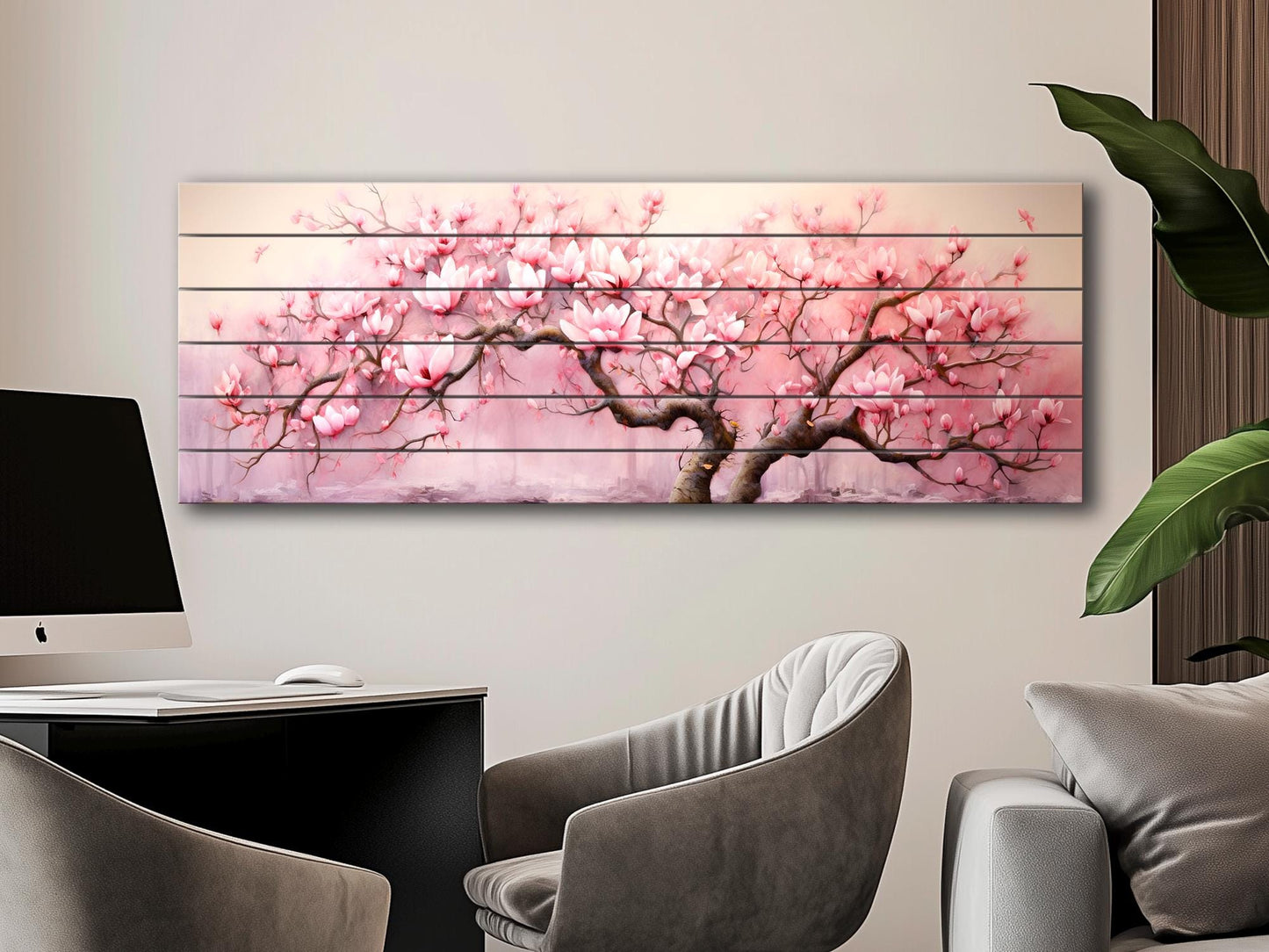 Magnolia Wood Print – Pink Magnolia Decor | Natural Wood Wall Art, Rustic Wooden Plank