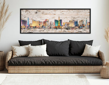 Las Vegas Canvas Print – Rustic Retro Panorama On Cotton Canvas | Framed & Ready to Hang