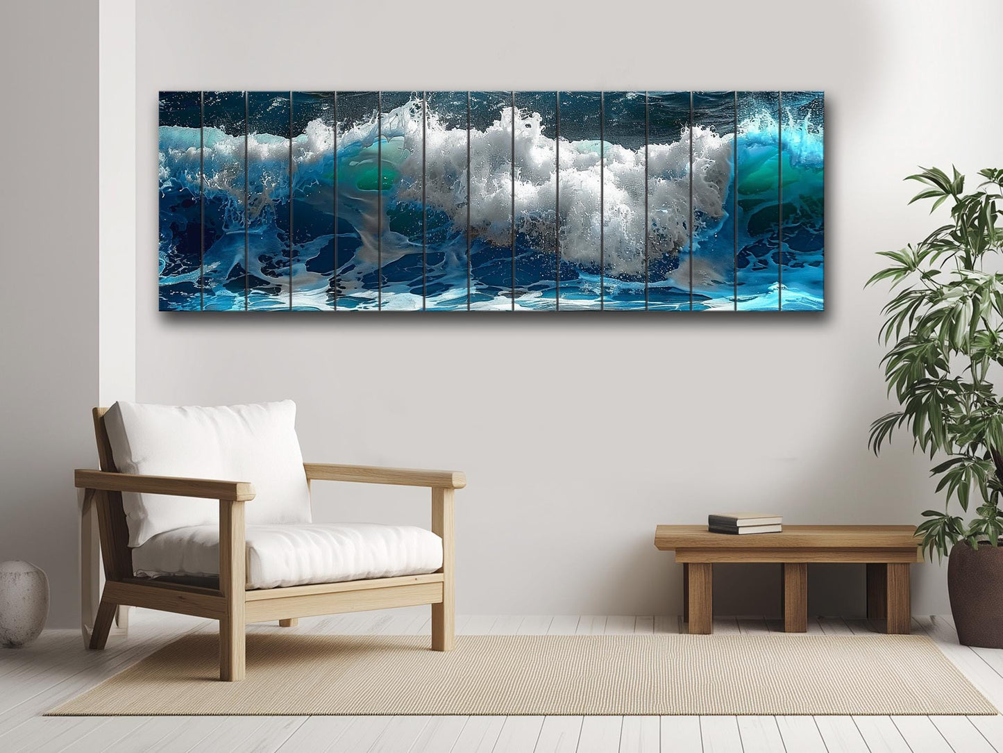Ocean Wall Decor - Natural Wood Art with Deep Blue Ocean Waves Print, Ready to Hang
