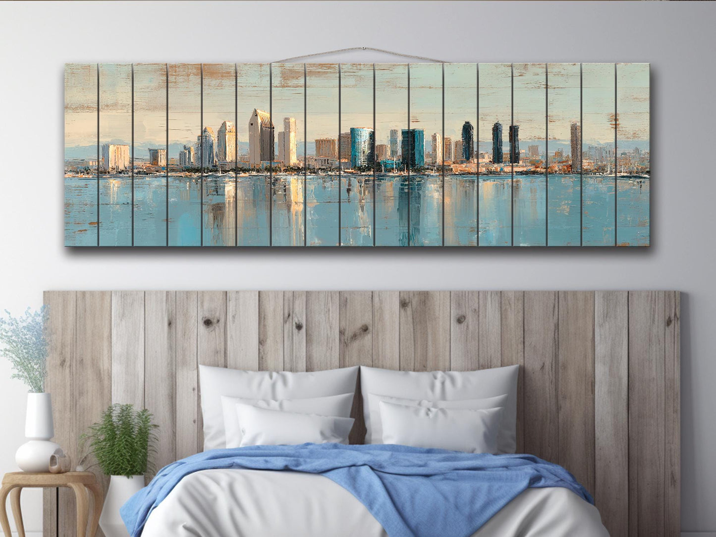 San Diego Skyline Wood Print – Rustic Wood Art | Beige Blue Wall Art, Harbor Oil Painting