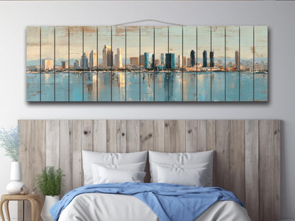 San Diego Skyline Wood Print – Rustic Wood Art | Beige Blue Wall Art, Harbor Oil Painting