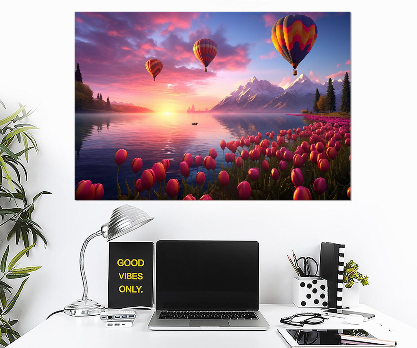 Air Balloons Canvas Print – Framed Lake Landscape Art with Pink Tulips