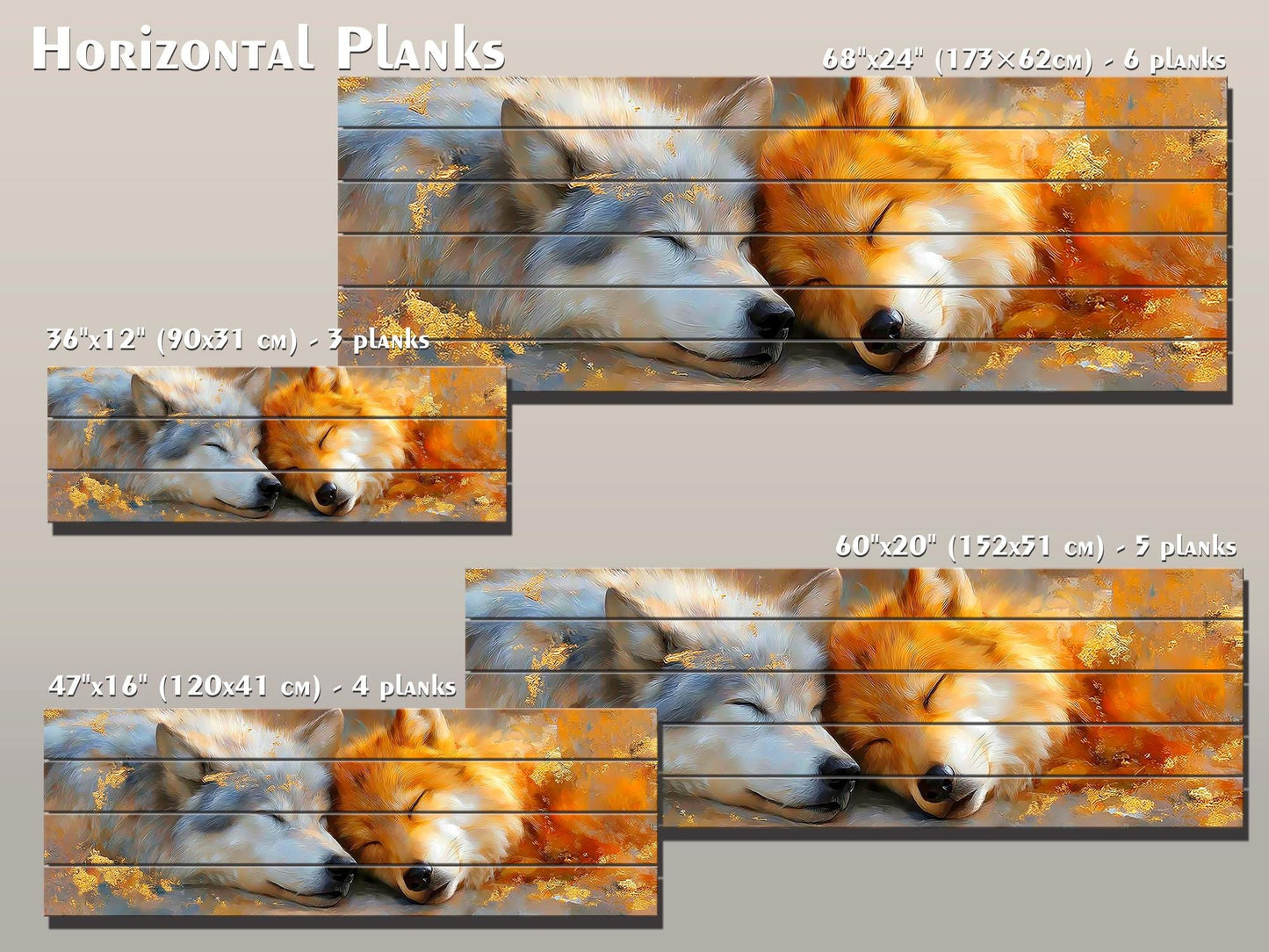 Sleeping Wolf Couple Print on Wood, Romantic Wildlife Wall Art