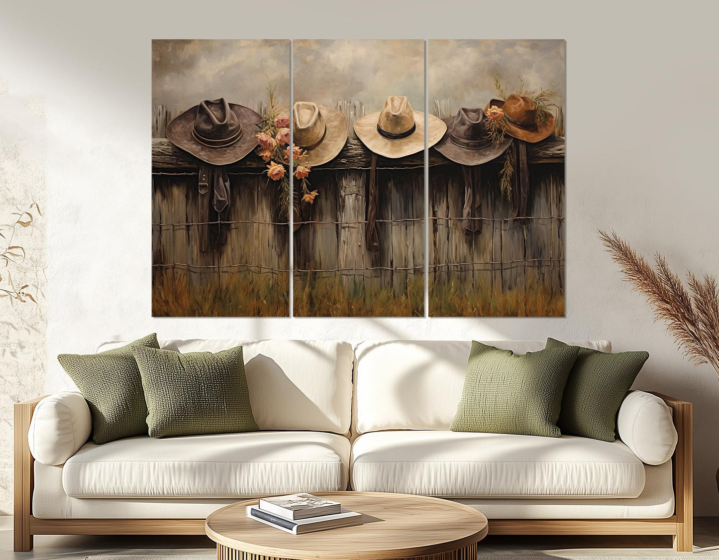 Rustic Fence Canvas Print – Farmhouse Wall Decor With Hanging Hats Artwork, Ready to Hang