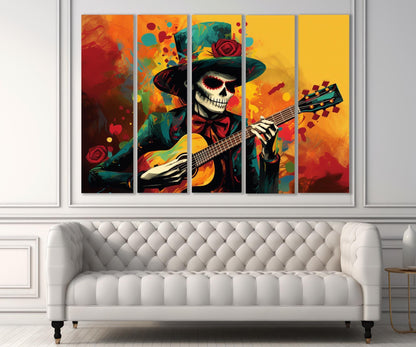 Skeleton with Guitar Canvas Print, Mexican Music Wall Art, Framed and Ready to Hang