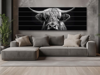 Highland Cow Wall Art – Rustic Farmhouse Wood Decor | Black And White Cow Print