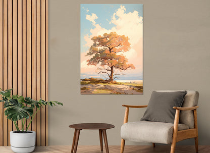 Oak Tree Canvas Art – Abstract Nature Print | Scenic Sunset Painting, Framed Canvas