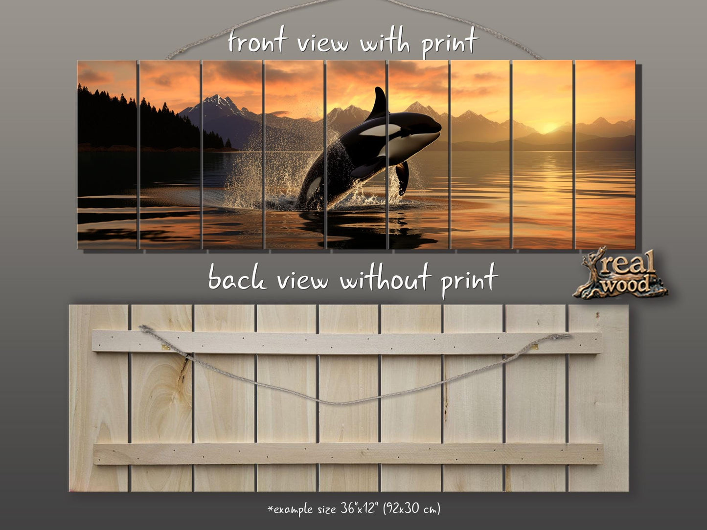 Orca Wall Art – Large Abstract Orca Jump Painting | Natural Wood Print Decor