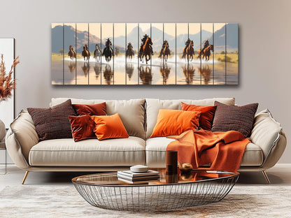 Retro Style Cowboys on Horses Print On Natural Wood -Wild West Wall Art